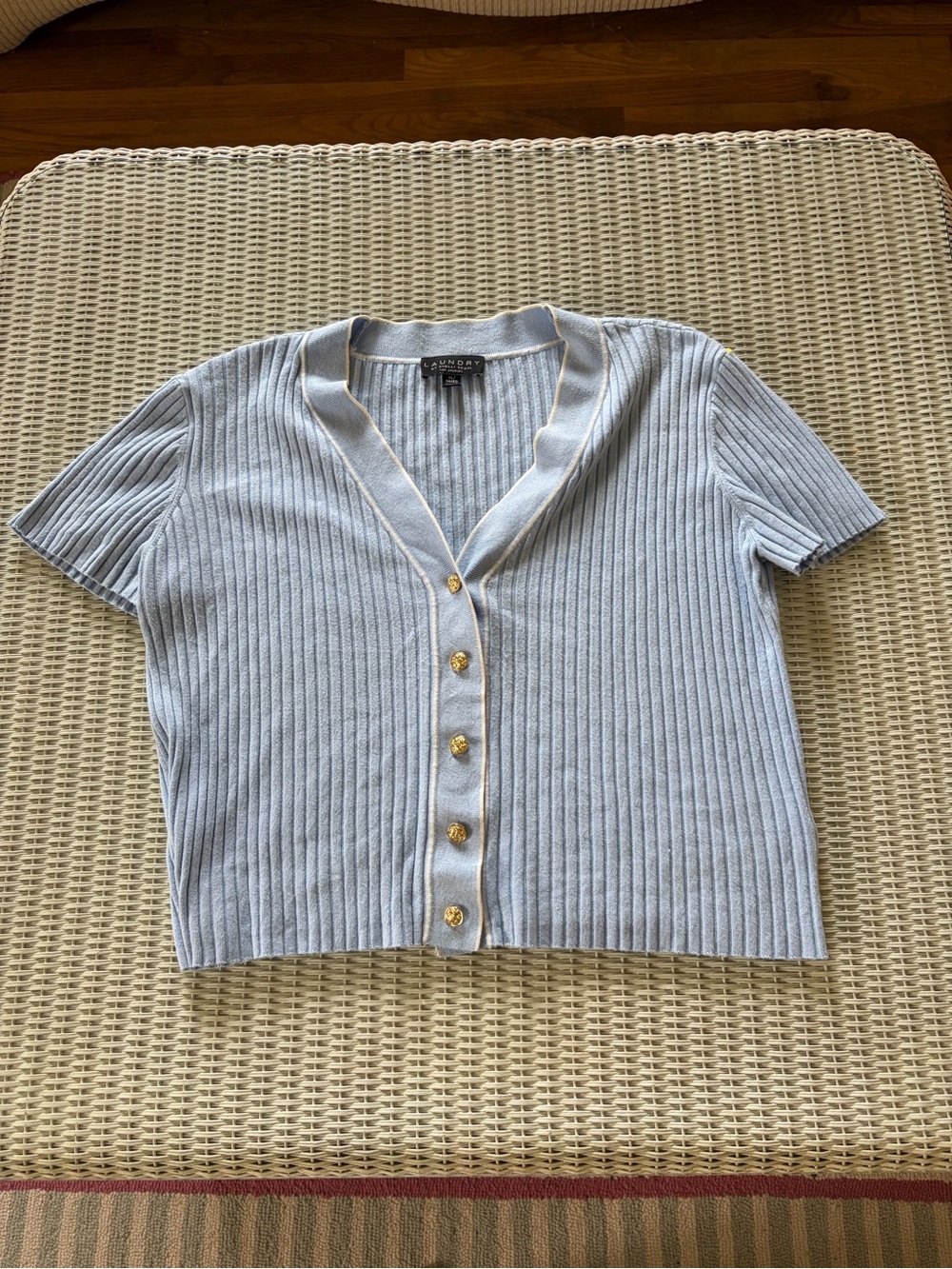 Laundry By Shelli Segal Light Blue Ribbed Short Sleeve Button Cardigan